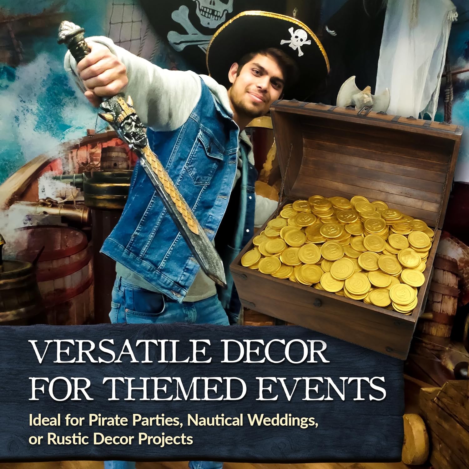 Nautical Cove Handmade Pirate Treasure Chest for Kids Prizes & Classroom with Lock and Skeleton Keys – Lockable Wooden Storage Chest Box, Pirate Decor, Decorative Wooden Box - X-Large 16x11x10.5