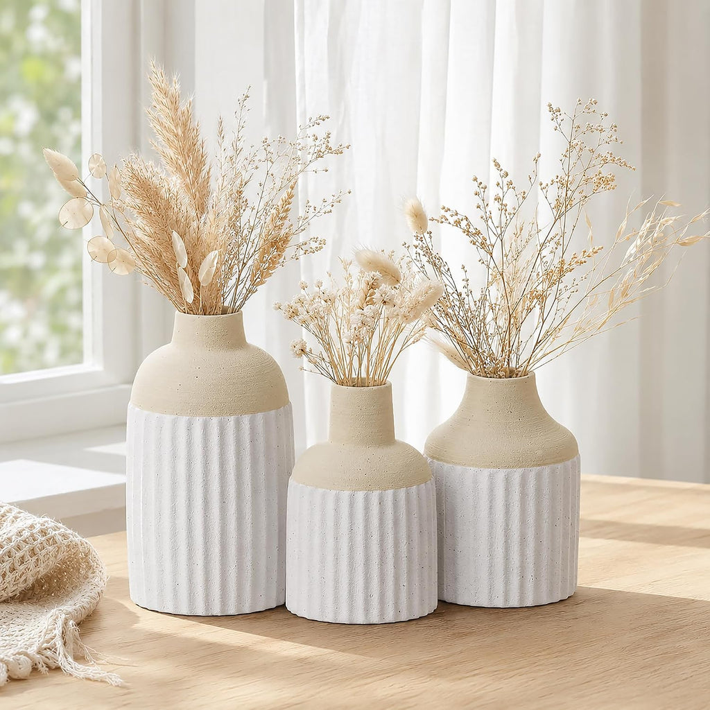 Beige Decorative Vase Set of 3 - Modern Boho Style Ribbed Ceramic Bud Vases for Flowers, Mini Small Vases for Shelf, Shelves, Bookshelf, Entryway Table & Home Decor Aesthetic (Beige White)