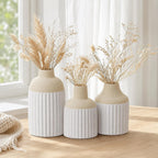 Beige Decorative Vase Set of 3 - Modern Boho Style Ribbed Ceramic Bud Vases for Flowers, Mini Small Vases for Shelf, Shelves, Bookshelf, Entryway Table & Home Decor Aesthetic (Beige White)