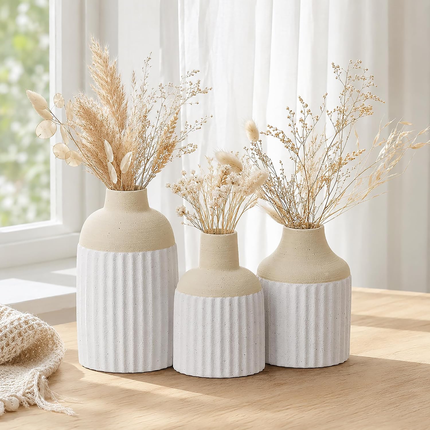 Beige Decorative Vase Set of 3 - Modern Boho Style Ribbed Ceramic Bud Vases for Flowers, Mini Small Vases for Shelf, Shelves, Bookshelf, Entryway Table & Home Decor Aesthetic (Beige White)