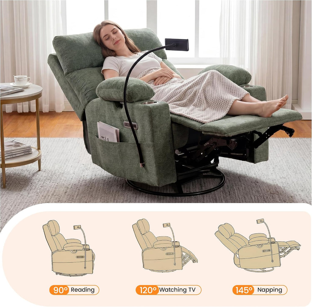 FiveWillowise Power Rocking Chair Nursery with Adjustable Arms&Headrest | Glider Recliner Chair, Swivel Reading Chair with Electric Lumbar Support, Cup Holder, Nightlight and USB Ports,Green