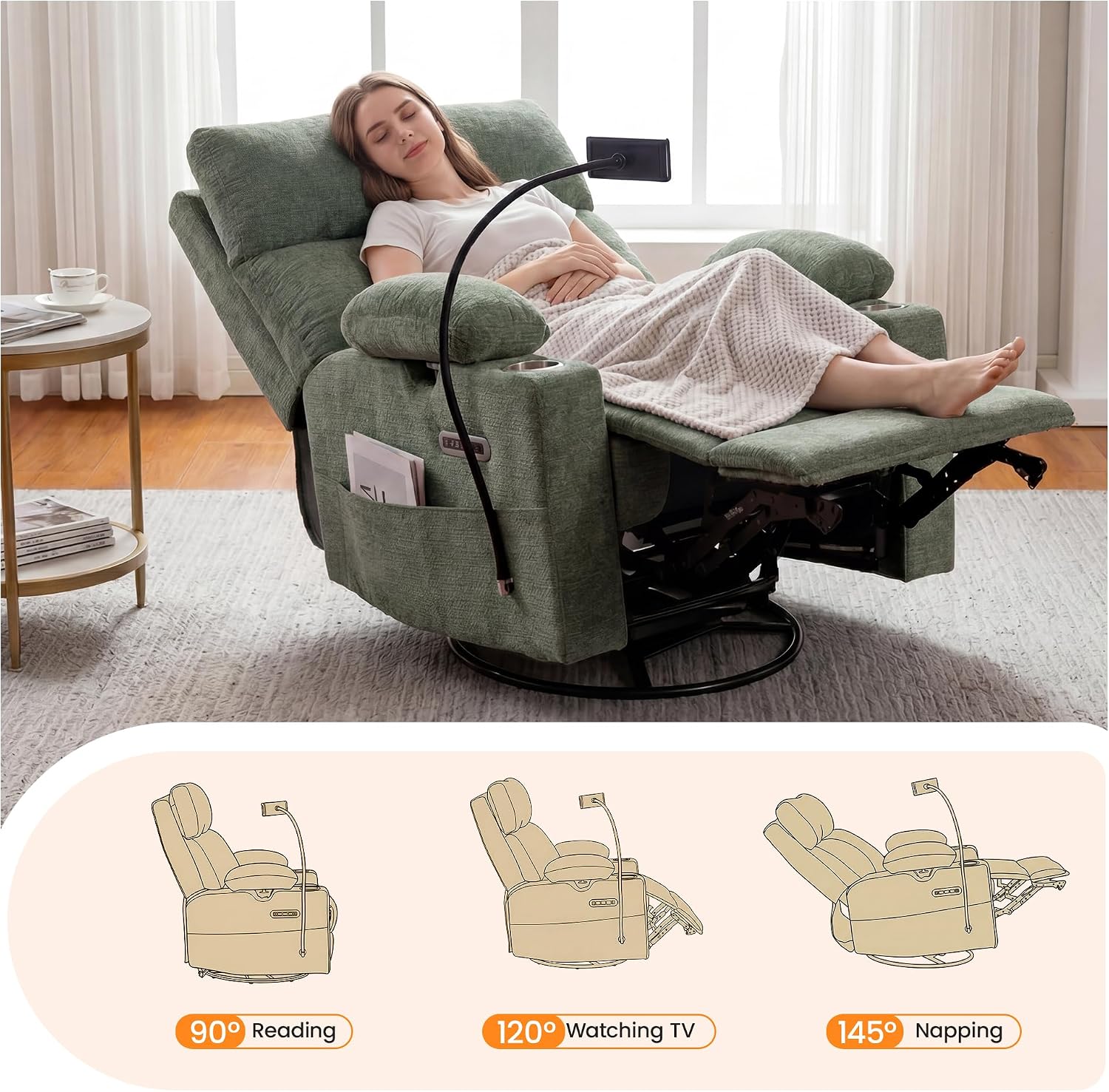 FiveWillowise Power Rocking Chair Nursery with Adjustable Arms&Headrest | Glider Recliner Chair, Swivel Reading Chair with Electric Lumbar Support, Cup Holder, Nightlight and USB Ports,Green