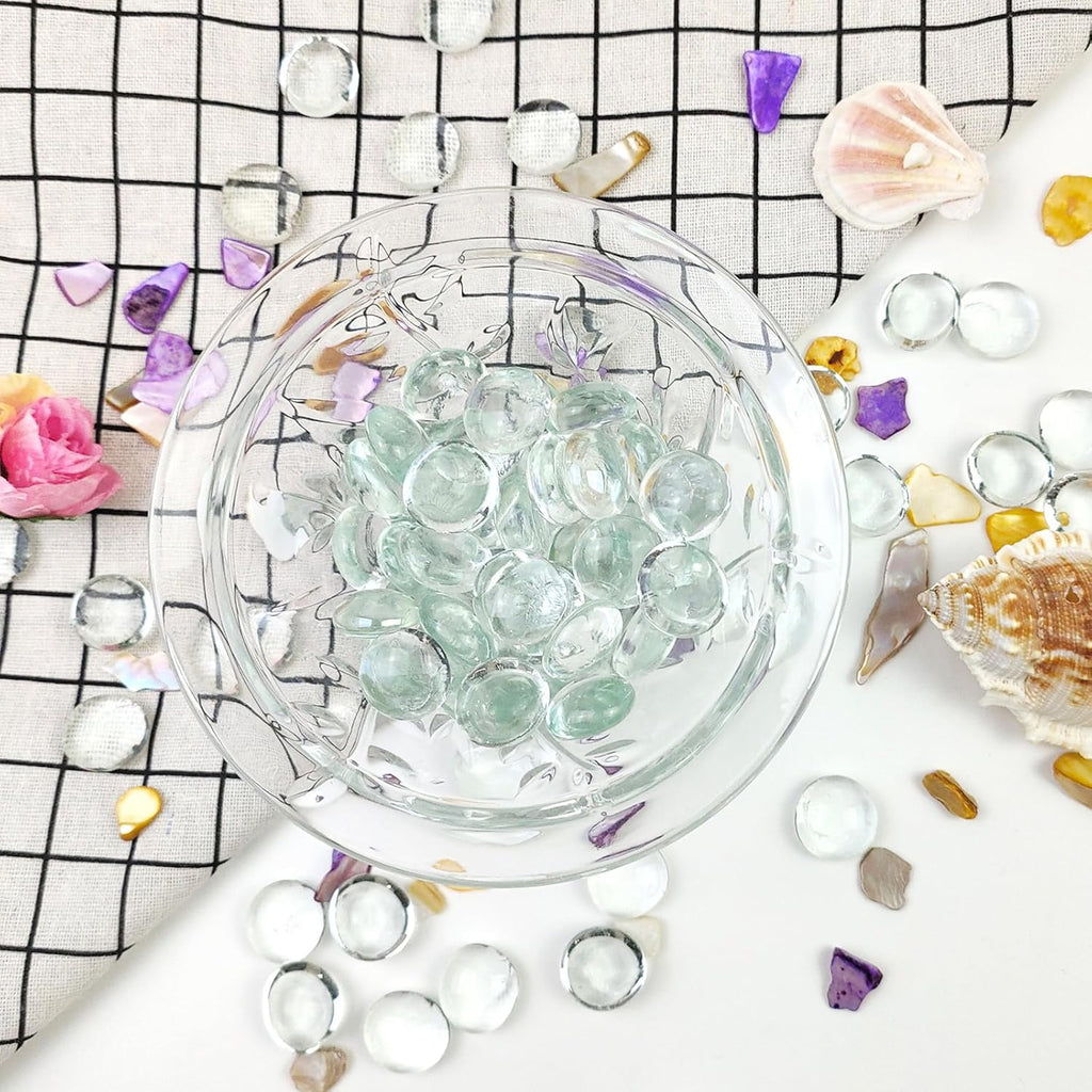 FANTIAN 1lb Clear Glass Beads for Vases, 100 Pcs Glass Pebbles, Clear Flat Glass Marbles for Vase Filler Flower Candle Crafts Centerpieces and Wedding Decoration