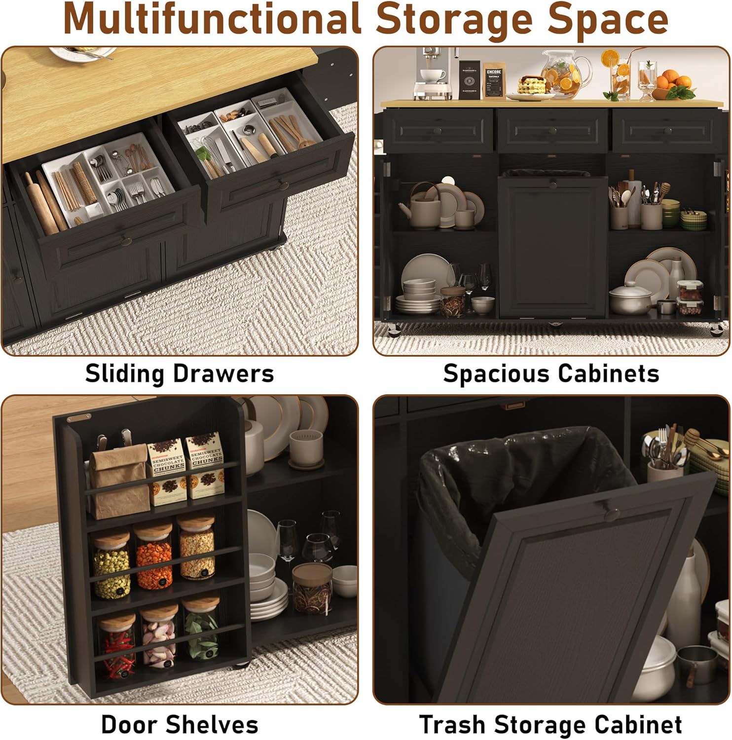 St.Mandyu 63 inch Rolling Kitchen Island with Power Outlet, Drop Leaf & Storage Cabinet - Mobile Cart with Hidden Trash Cabinet, Spice Rack, Shelves, and Towel Holder for Small Spaces,Black