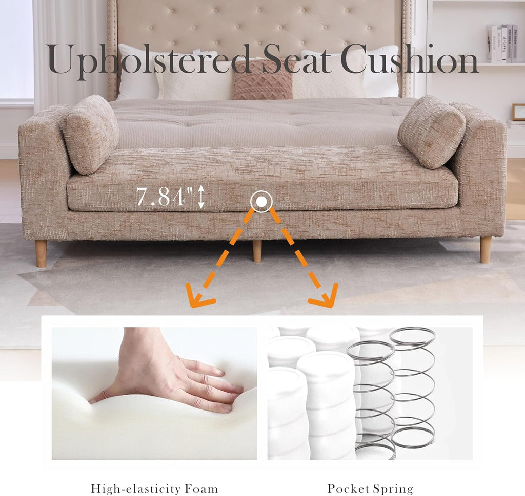 Aoiy & Wifon 83.1" W End of Bed Bench King Size, Oversized Window Bench Seat with Pillows & Rubberwood Legs for Bedroom/Living Room/Apartment, Polyester, Wheat