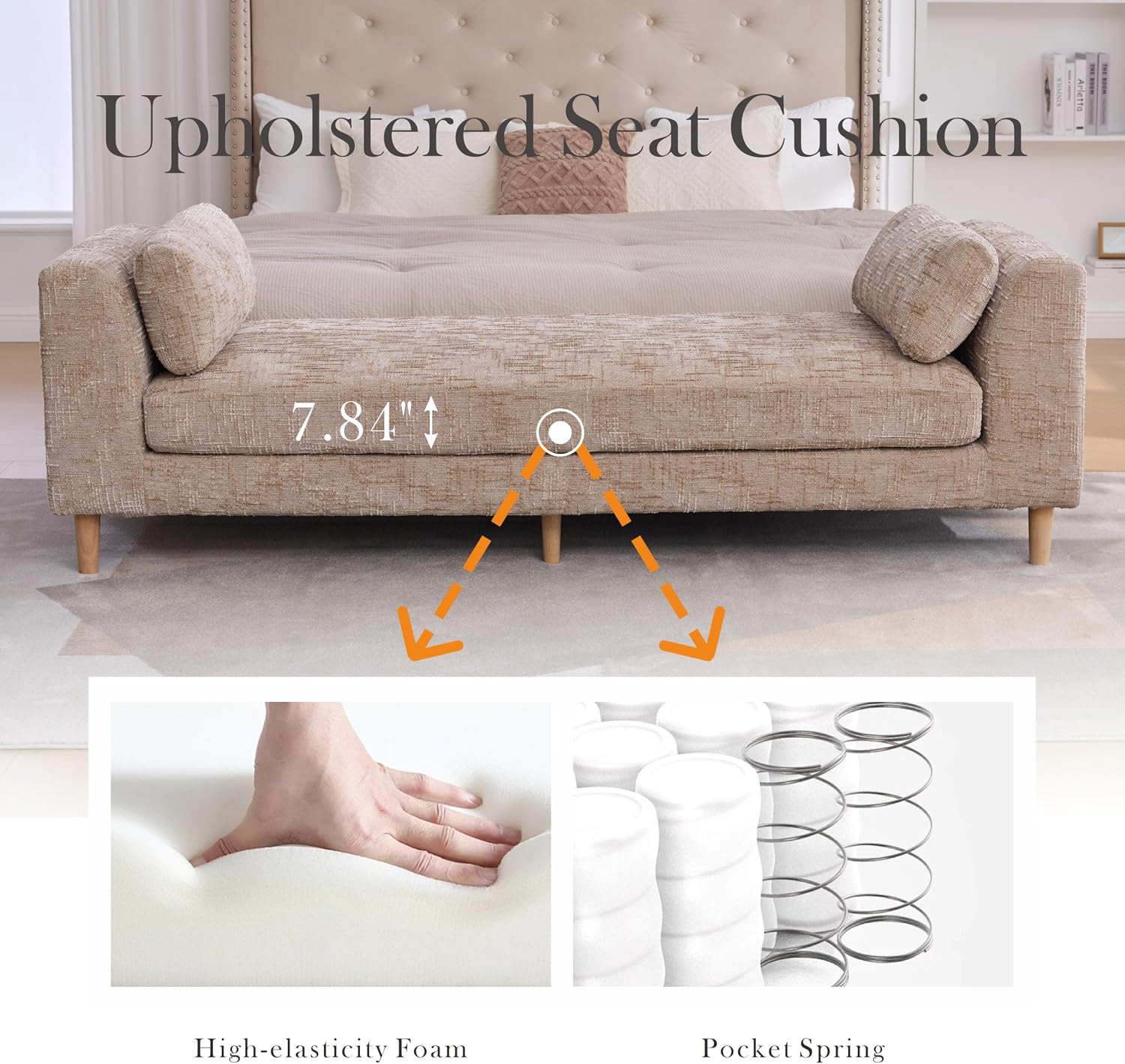 Aoiy & Wifon 83.1" W End of Bed Bench King Size, Oversized Window Bench Seat with Pillows & Rubberwood Legs for Bedroom/Living Room/Apartment, Polyester, Wheat