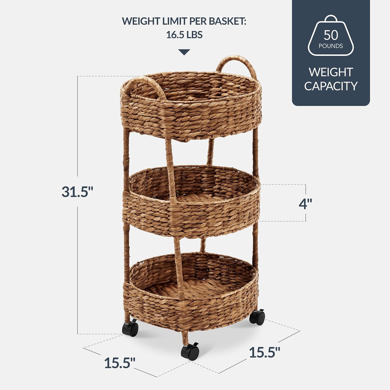 Best Choice Products 3-Tier Round Rolling Nursery Caddy w/Wheels, Handwoven Utility Cart, Storage Organization for Bathroom, Craft Room, Laundry Room - Chestnut