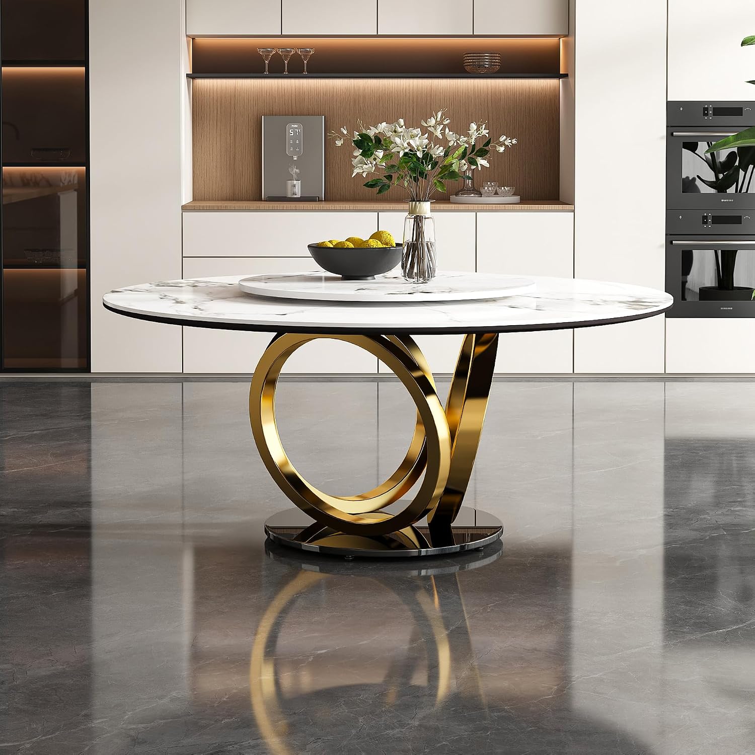Modern Marble Dining Table, 59" Round Sintered Stone Table for Dining Room, Kitchen, Compact Space w/Stainless Steel Gold Base, Detachable Lazy Susan