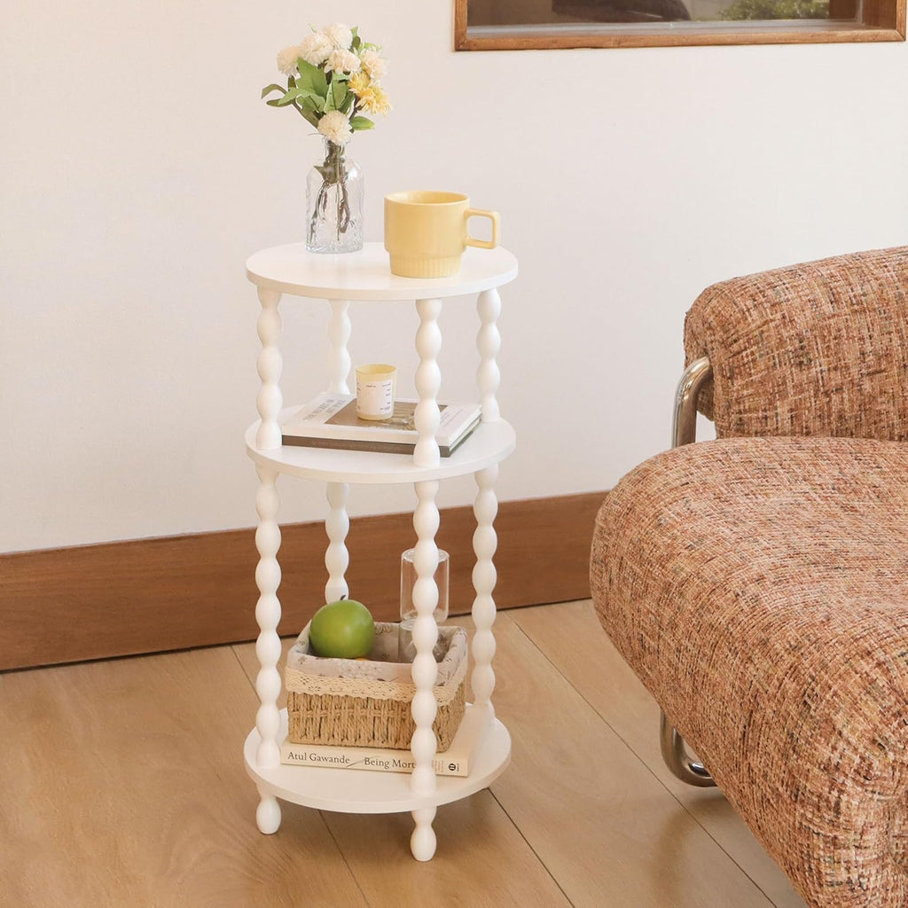 AWASEN Small Round Side Table, White End Table with 3-Tier Open Shelf for Small Spaces, Round Bedside Table Nightstand for Bedroom, Living Room, Office, White