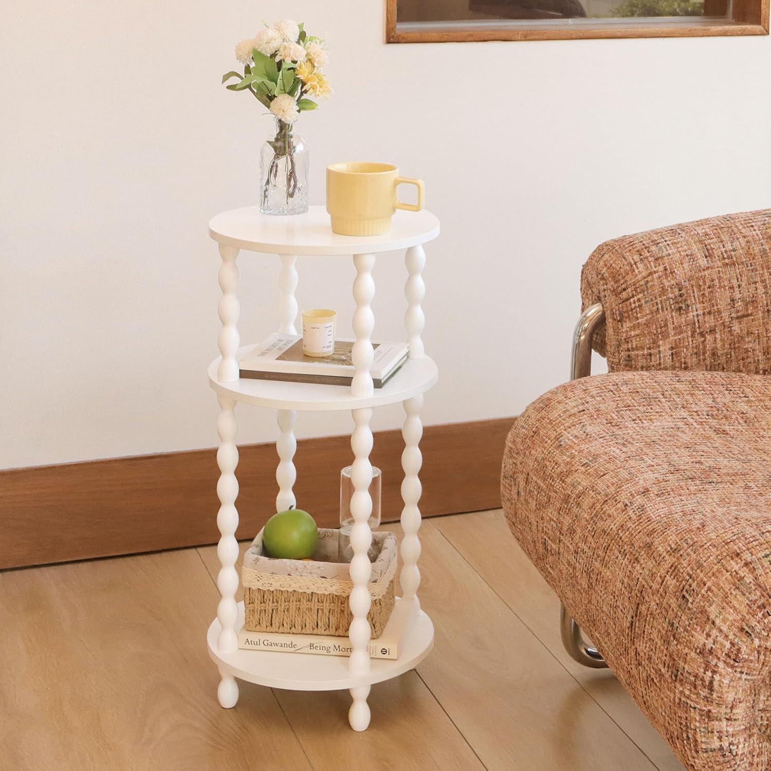 AWASEN Small Round Side Table, White End Table with 3-Tier Open Shelf for Small Spaces, Round Bedside Table Nightstand for Bedroom, Living Room, Office, White