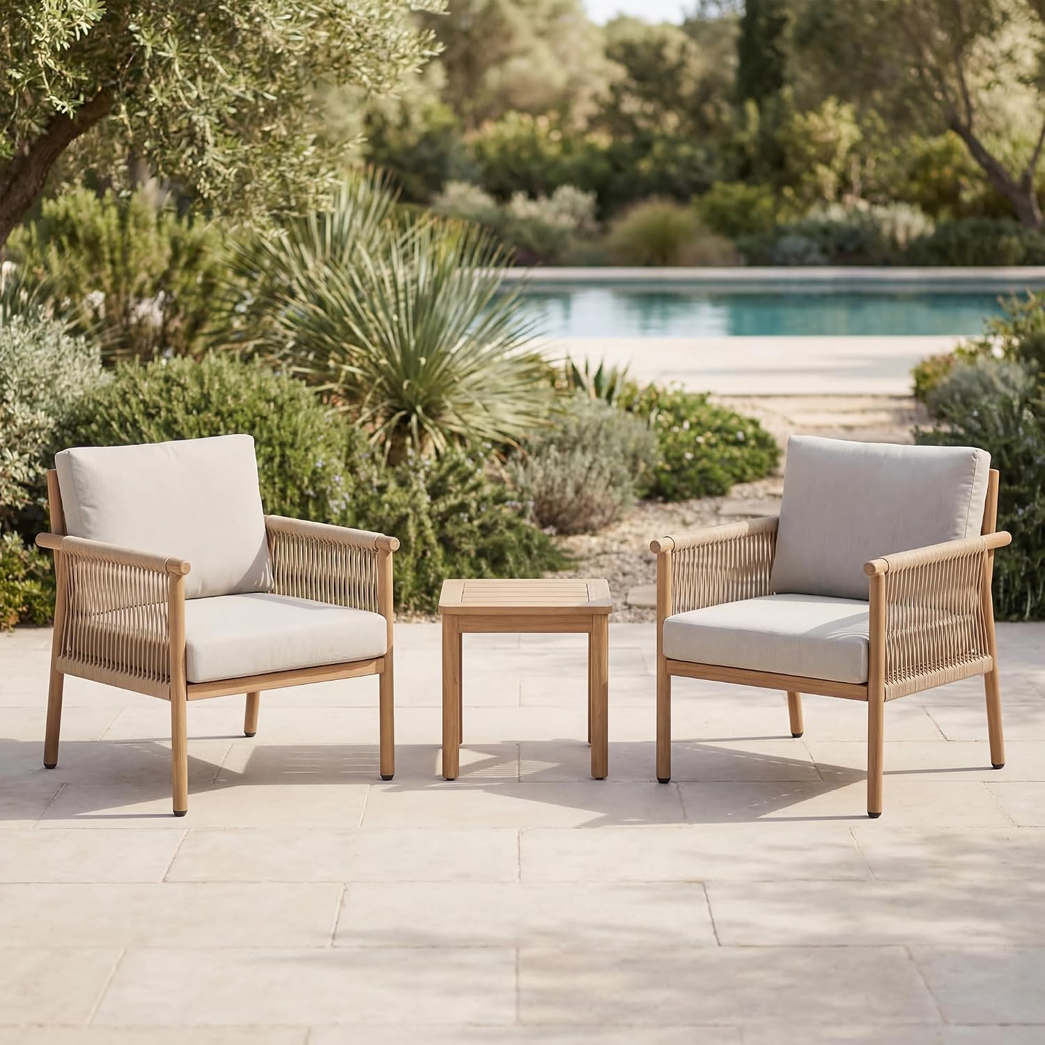 Outdoor Accent Chair, Patio Lounge Chair Set of 2, Hand-Woven Rope with Waterproof Cushions, All-Weather Patio Accent Chairs for Garden, Balcony, Poolside, Grey+Mocha Rope