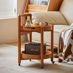 Side Table with Wheels, Mid Century Modern Rolling End Table, Solid Wood Round End Table with Detachable Tray, Small Accent Table, Movable Coffee Table Cart(Natural)