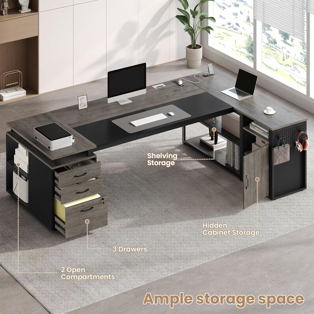 78" Executive Desk with Lockable File Cabinet, L Shaped Office Desk with Power Outlets, Large Executive Desk with Drawers and Storage Shelves , Reversible Computer Desk with Privacy Screen, Grey