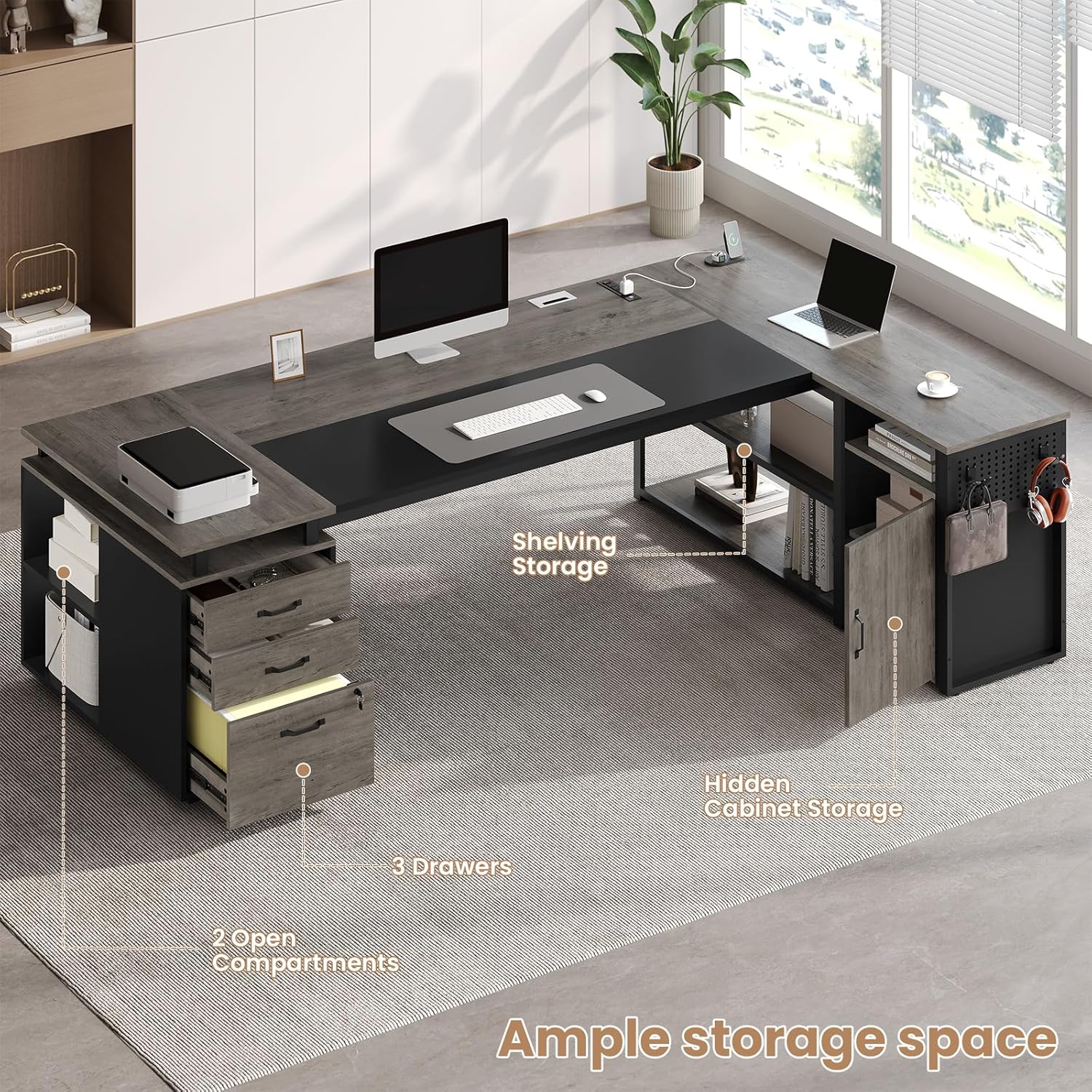 78" Executive Desk with Lockable File Cabinet, L Shaped Office Desk with Power Outlets, Large Executive Desk with Drawers and Storage Shelves , Reversible Computer Desk with Privacy Screen, Grey
