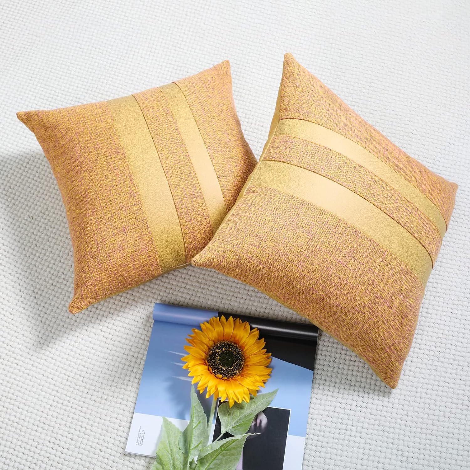 Pack of 2 Patchwork Orange Yellow Pillow Covers Linen Striped Pattern Farmhouse Cushion Covers Spooky Decorative Faux Leather Pillow Cases for Couch Sofa Bedroom Living Room 18x18 Inch