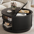 LIKIMIO Round Coffee Table with Storage, 360° Rotating Fluted Rattan Coffee Table for Living Room, 31.5" Modern Center Table with Sliding Cabinet Doors for Small Space, Office, Black