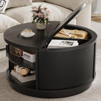 LIKIMIO Round Coffee Table with Storage, 360° Rotating Fluted Rattan Coffee Table for Living Room, 31.5" Modern Center Table with Sliding Cabinet Doors for Small Space, Office, Black