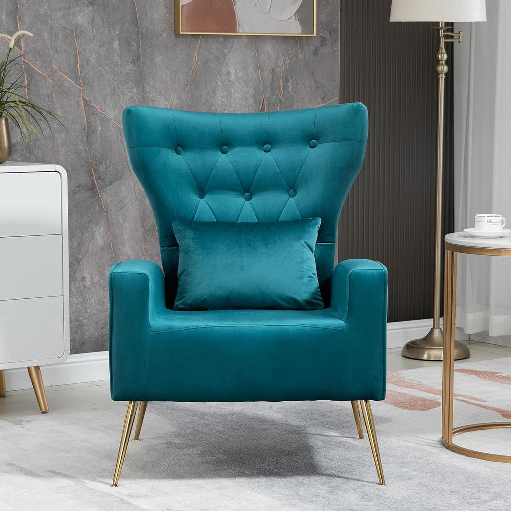 Button-Tufted Velvet Accent Chairs Set of 2, Mid Century Modern Living Room Chair with High Wingback, Upholstered Arm Chair with Metal Gold Legs for Bedroom, Club, Teal Blue