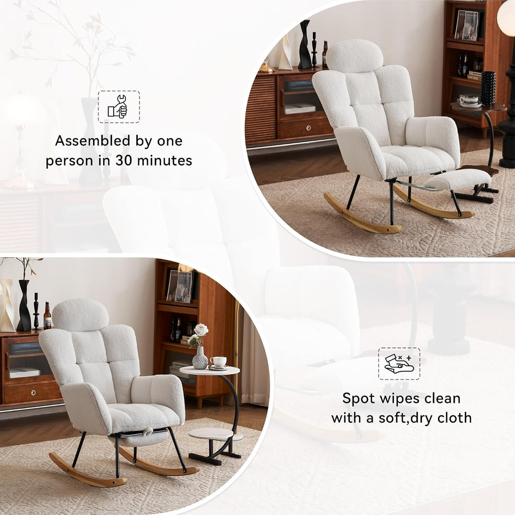 Teddy Fabric Upholstered Rocking Chair with Pillow & Footrest – Modern Accent Armchair with Padded Seat and High Backrest for Nursery, Living Room or Bedroom (Ivory)