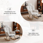 Teddy Fabric Upholstered Rocking Chair with Pillow & Footrest – Modern Accent Armchair with Padded Seat and High Backrest for Nursery, Living Room or Bedroom (Ivory)