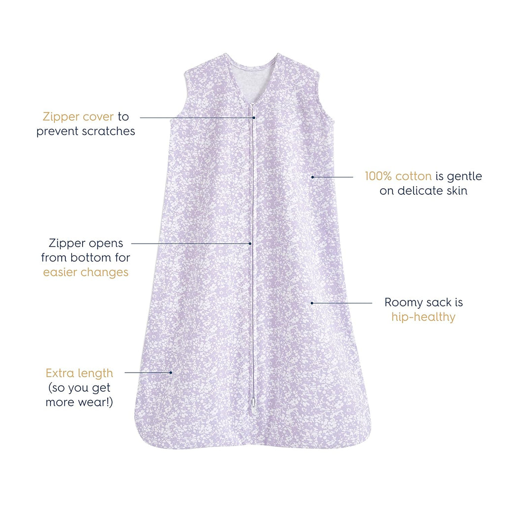 HALO SleepSack, 100% Cotton Wearable Blanket, Swaddle Transition Sleeping Bag, TOG 0.5, Aster Flowers-purple, Medium, 6-12 Months