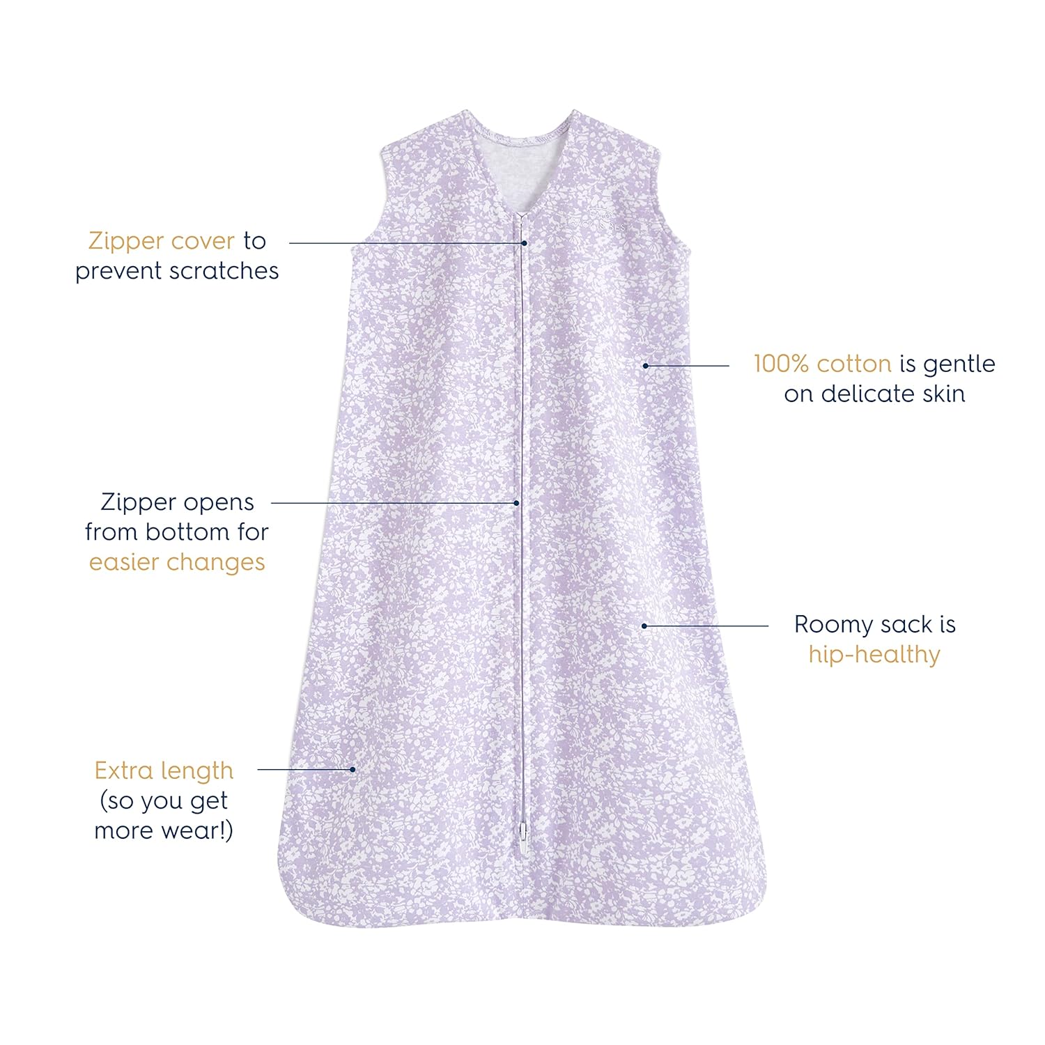 HALO SleepSack, 100% Cotton Wearable Blanket, Swaddle Transition Sleeping Bag, TOG 0.5, Aster Flowers-purple, Medium, 6-12 Months