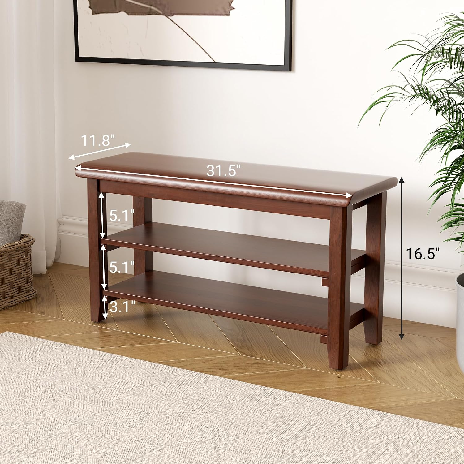 SShoe Rack Bench Mid Century Modern 2-Tier Shoe Rack Organizer for Entryway Hallway or Living Room Farmhouse Rustic Wooden Seat Bench Brown 11.8" Dx31.5 Wx16.5 H