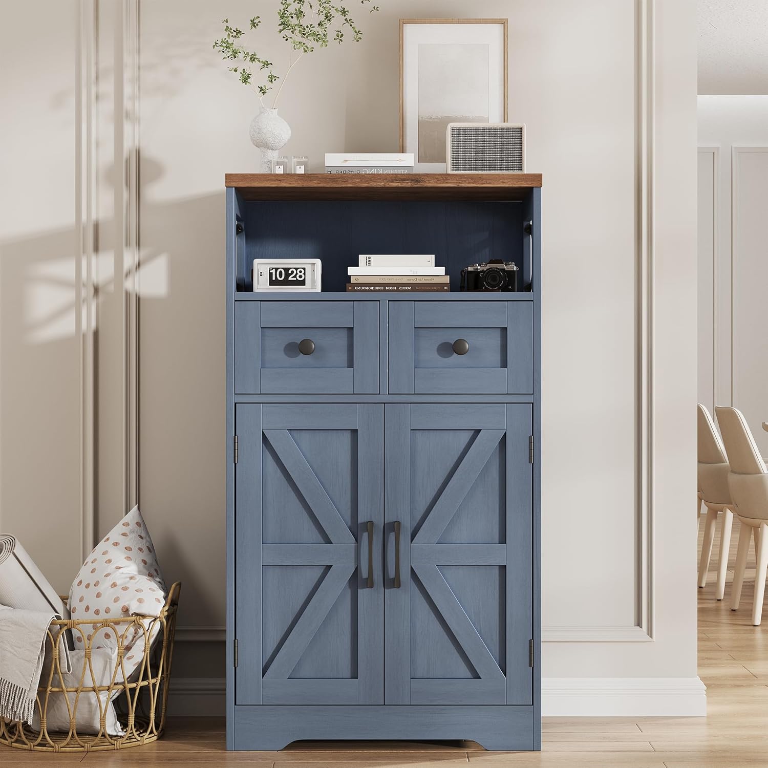 FiveWillowise Farmhouse Blue Storage Cabinet with Barn Doors and Drawers, Small Freestanding Kitchen Pantry Cabinet, Hutch Cupboard for Kitchen, Laundry, Living Room,Bathroom