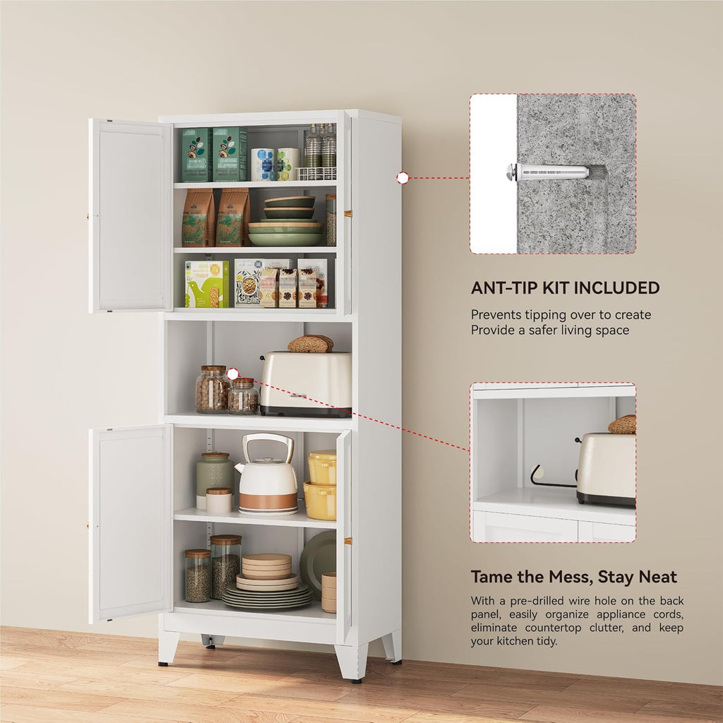 YAUWOH 69" Tall Metal Pantry Cabinet with Microwave Shelf, 4 Doors & 3 Adjustable Shelves, 120LBS Per Shelf Heavy Duty Storage Cabinet with Anti-Tip Design for Kitchen,Dining Room (1PC,White)