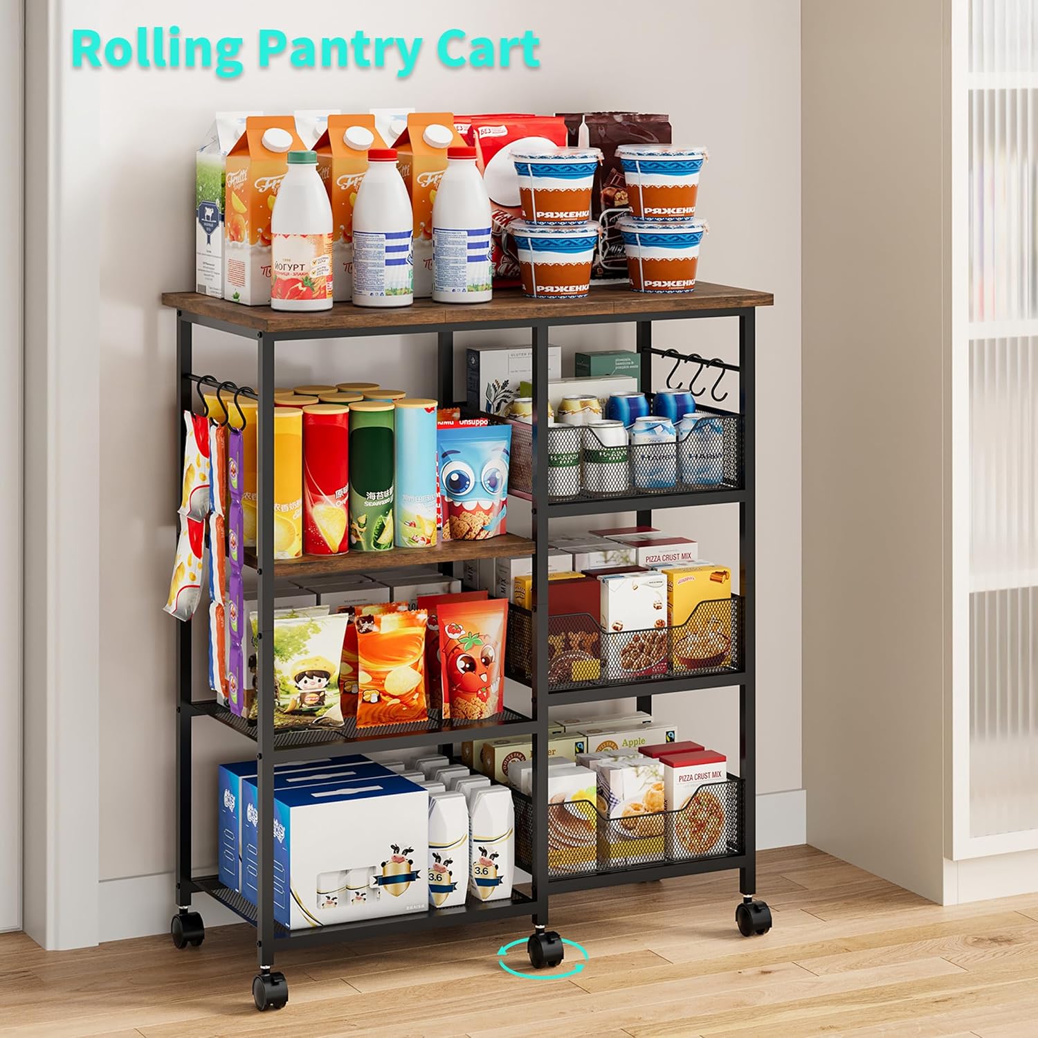 HapiRm Rolling Kitchen Carts with Storage - Microwave Table Stand with 6 Hooks & 3 Baskets, kitchen Island Cart on Lockable Wheels, 28.3" L × 14.6" W Bakers Rack Cart for Dining Room Coffee Bar Office