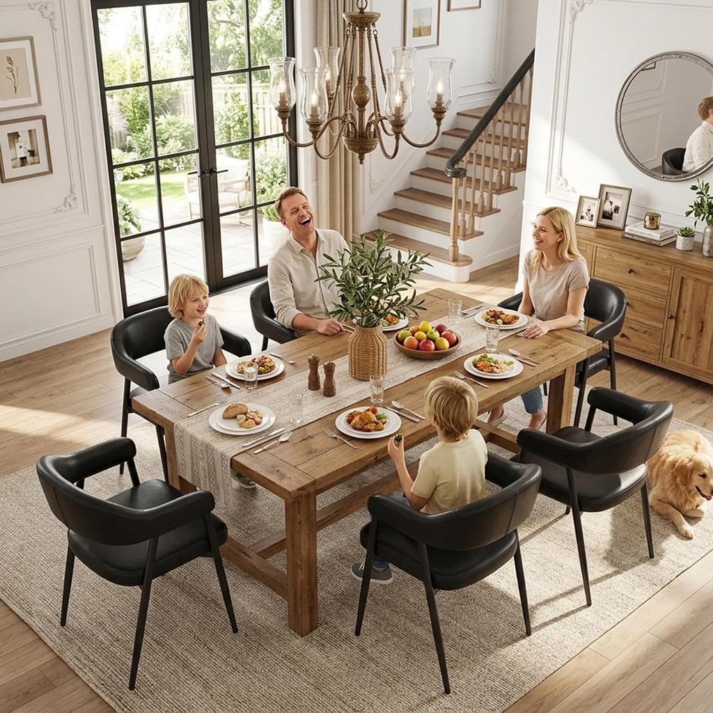 HNY Modern Dining Room Arm Chairs Set of 6, Retro Faux Leather Upholstered Barrel Dining Chairs with Arms Mid-Century Black Accent Chair with Metal Legs, Open-Back Kitchen Side Chair for Living Room