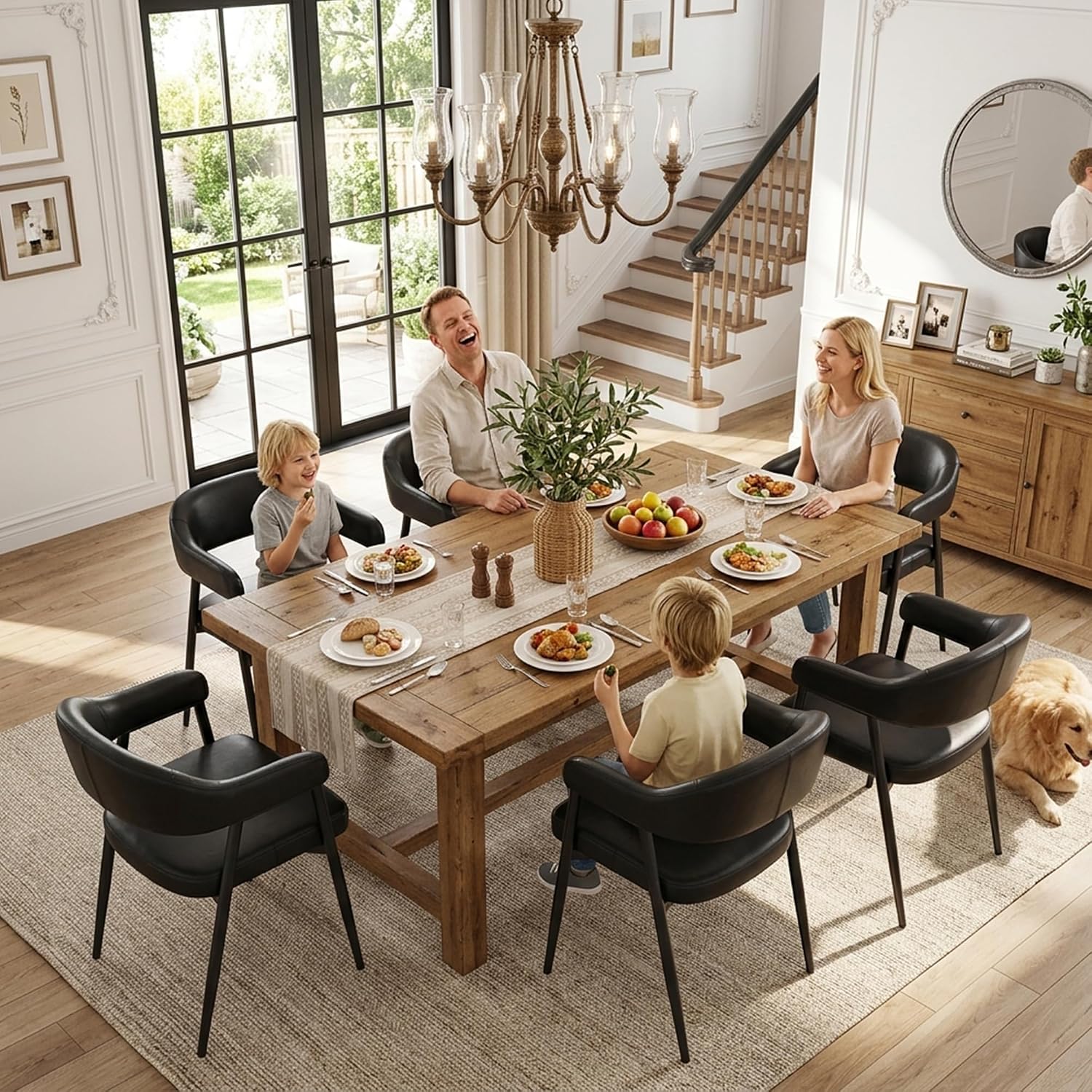 HNY Modern Dining Room Arm Chairs Set of 6, Retro Faux Leather Upholstered Barrel Dining Chairs with Arms Mid-Century Black Accent Chair with Metal Legs, Open-Back Kitchen Side Chair for Living Room
