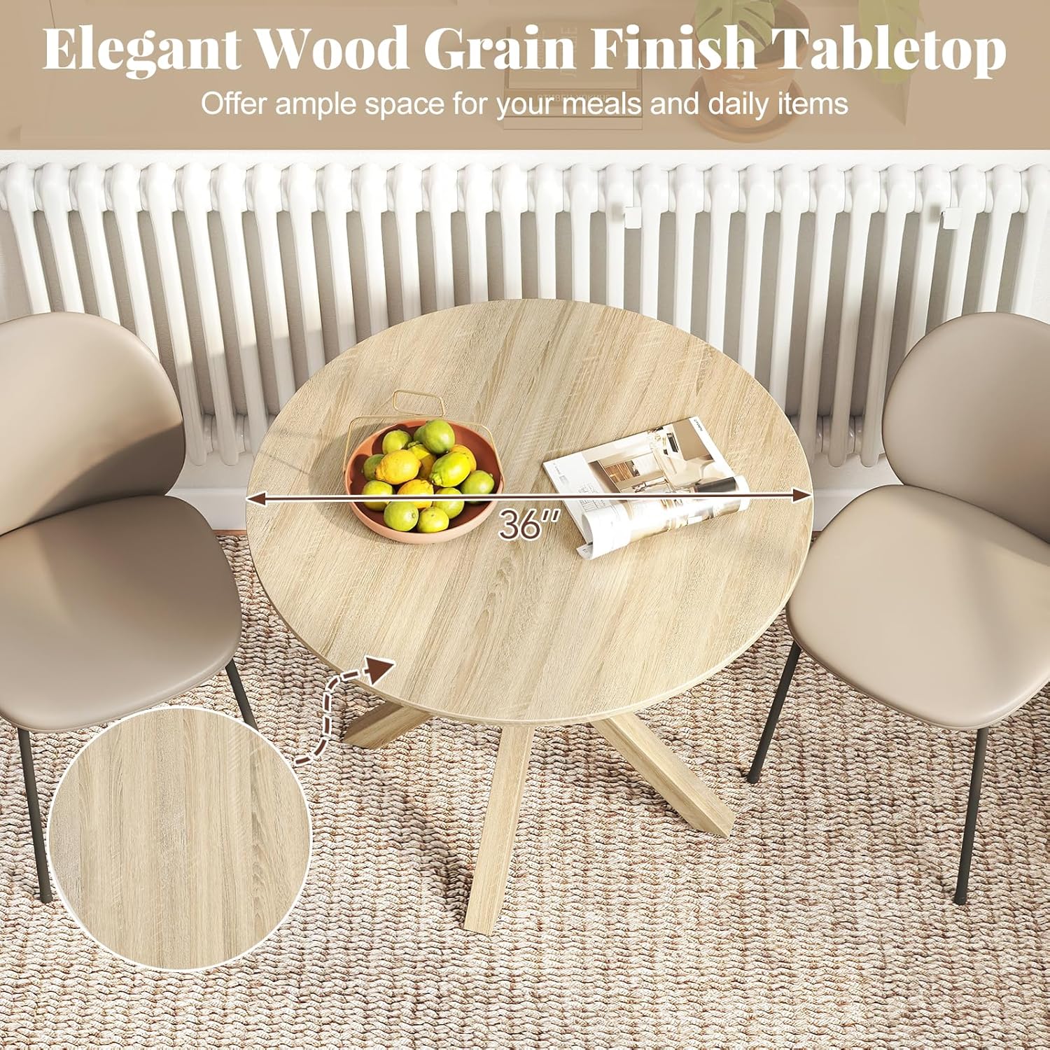 Giantex 36" Round Dining Table for 4, Farmhouse Kitchen Table with Rubber Wood Legs, Adjustable Foot Pads, Dining Room Tables for Dinette, Small Space, Dinner, Living Room, Restaurant, Oak
