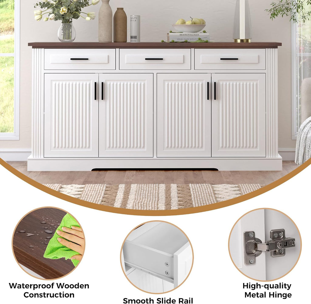 KEIKI 63" Fluted Sideboard Buffet Cabinet with Storage – 4 Doors, 3 Drawers, Adjustable Shelves, Kitchen Buffet, Large Sideboard Buffet Cabinet, Cabinet for Dishes, Kitchen Console Cabinet, White