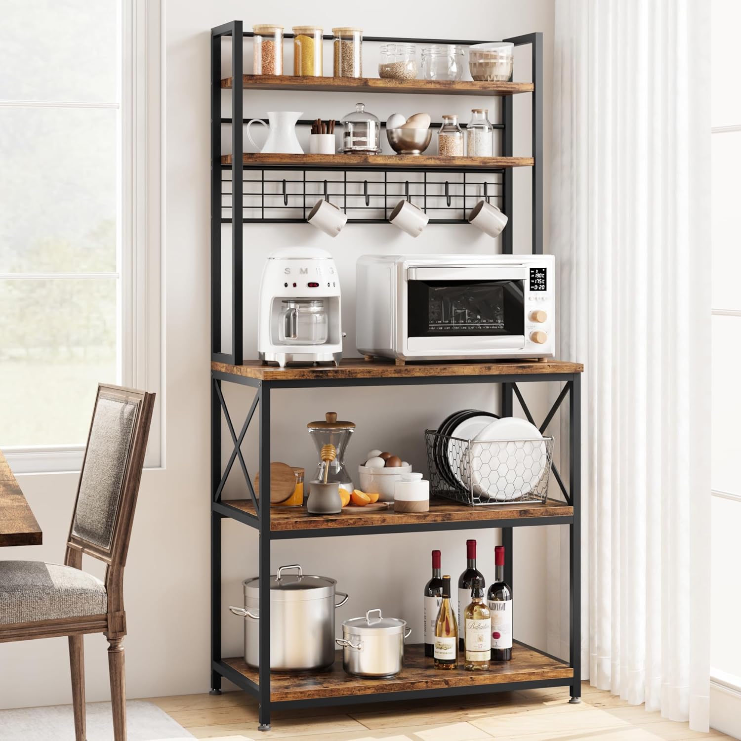 IDEALHOUSE 62in Kitchen Bakers Rack, 31in Coffee Bar Table 5 Tiers, Kitchen Microwave Stand with 6 s-Shaped Hooks, Open Storage Shelves for Spices, Pots and Pans, Rustic Brown