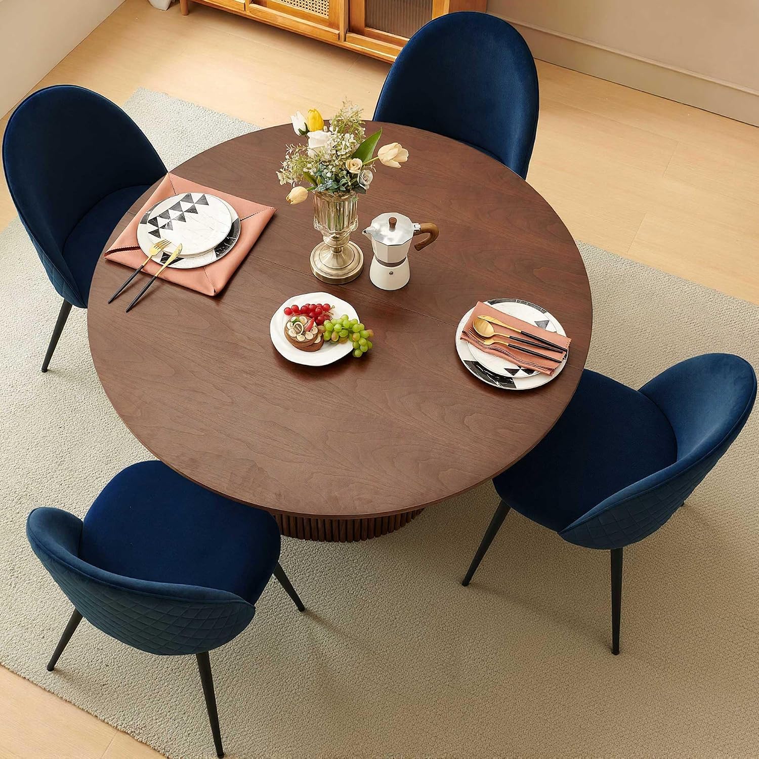 Homedot Round Kitchen Dining Table Set for 4, Modern Breakfast Dinner Dinette Table Set with Navy Blue Dining Side Chairs Upholstered, Mid Century Wooden Dining Set for Dining Room, Reception Room