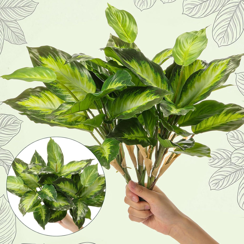 Hotop Variegated Hosta Artificial Plant for Summer Outdoor Decoration Faux Green Dieffenbachia Plant Lifelike Tropical Houseplant Bush Stems for Home Office Indoor Yard Planter Filler(12 Pack)