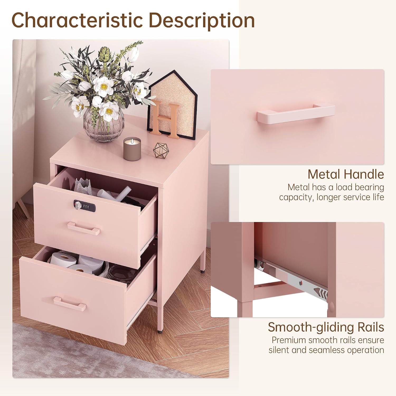 Steehoom 2 Drawer End Side Table with Lock Metal Nightstand, Lockable Storage Cabinet Kids Cabinet for Living Room, Bedroom, Dorm, 21.26”H X 15.75”W X 15.75”D (2 Drawer, Pink)