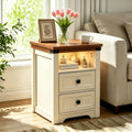 Farmhouse Night Stand with LED Lights,Charging Station, End Table with 2 Drawers & Open Shelf, Modern Bedside Table with USB Ports & Outlets, Side Table Wood for Bedroom Living Room, White