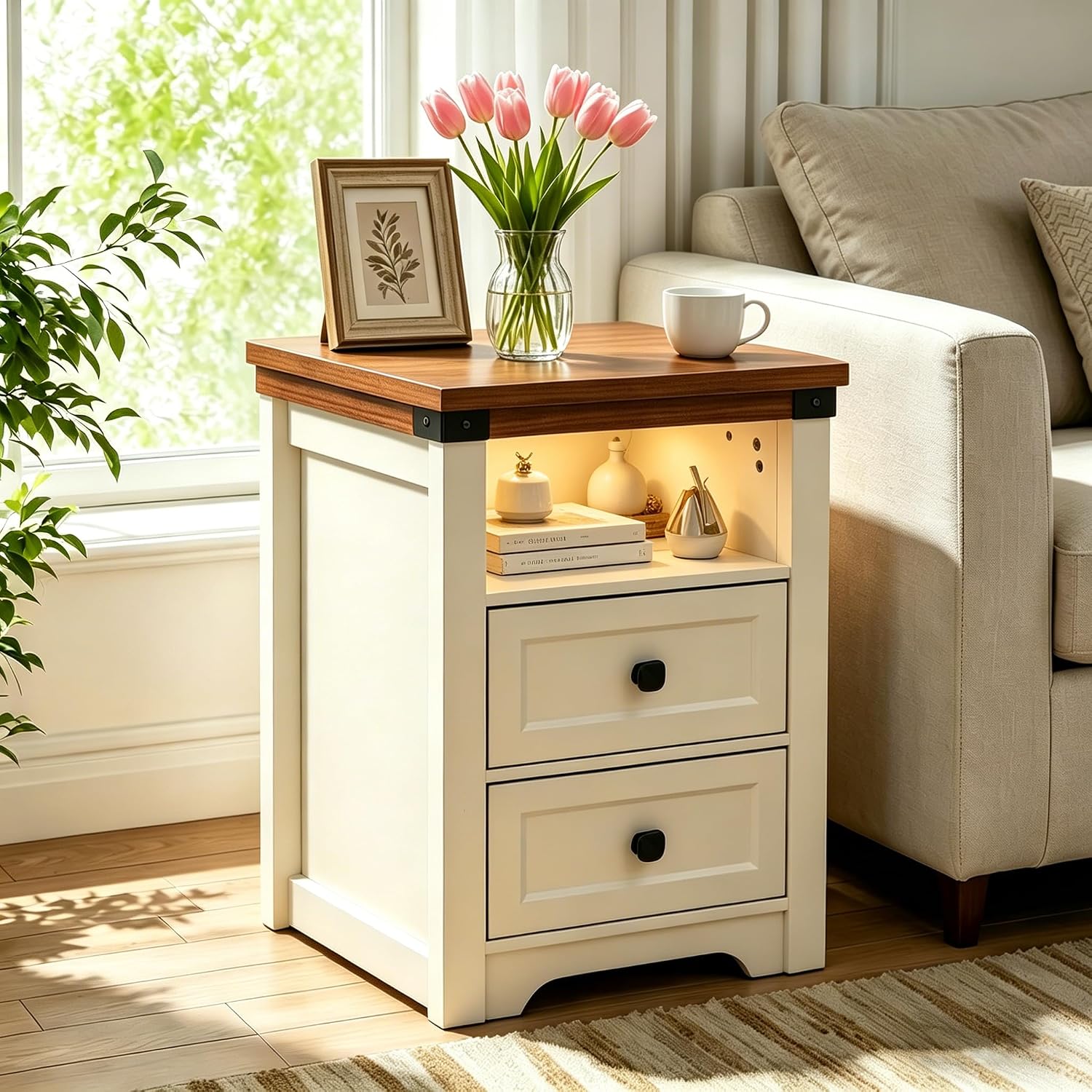 Farmhouse Night Stand with LED Lights,Charging Station, End Table with 2 Drawers & Open Shelf, Modern Bedside Table with USB Ports & Outlets, Side Table Wood for Bedroom Living Room, White