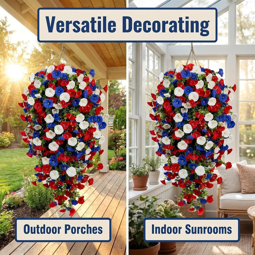 Patriotic Hanging Flower Baskets, Red White and Blue Hanging Flowers, Anniversary Porch Decor, 2026 New Artificial Hanging Plants Red White and Blue, for Veterans Memorial Day Patio Garden Home