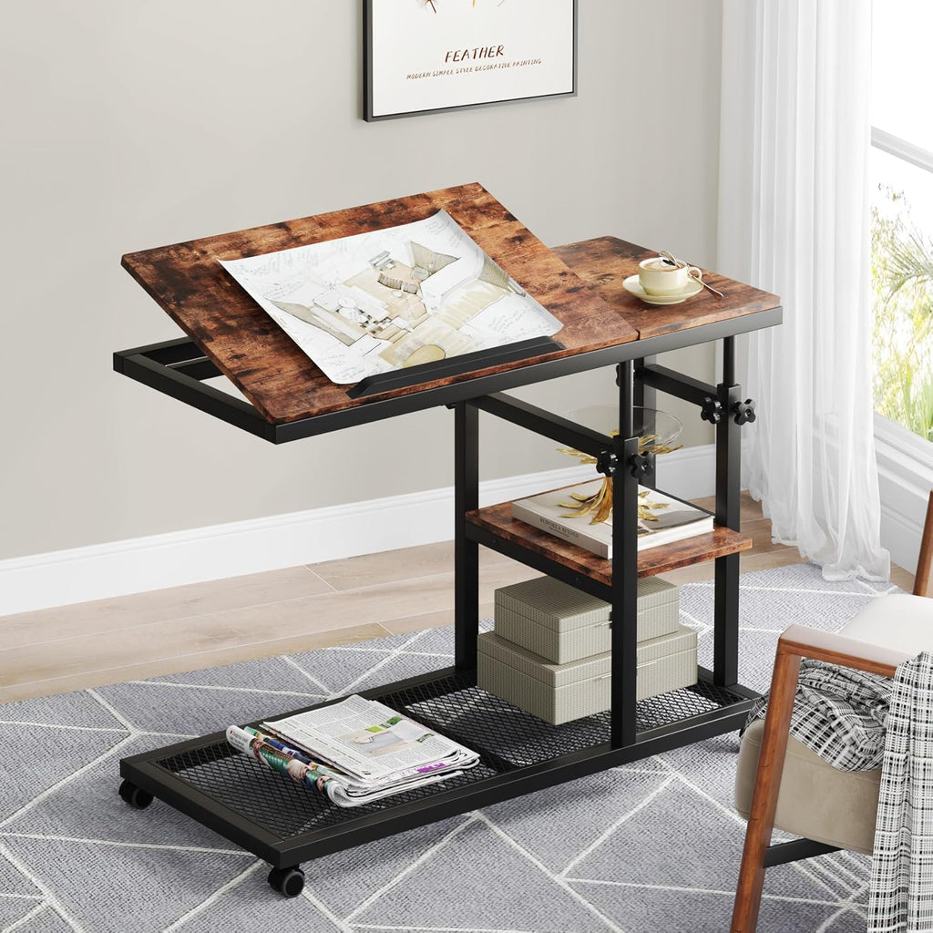 Tribesigns Adjustable Height Rolling C-Table, Mobile Side Table with Tiltable Top & Double Shelves, Vintage Brown C-Shaped End Table for Sofa, Bed, Living Room
