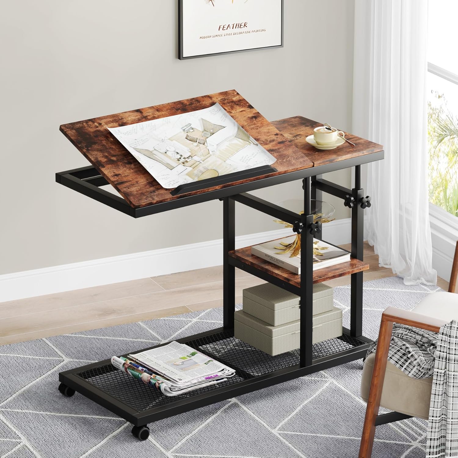 Tribesigns Adjustable Height Rolling C-Table, Mobile Side Table with Tiltable Top & Double Shelves, Vintage Brown C-Shaped End Table for Sofa, Bed, Living Room