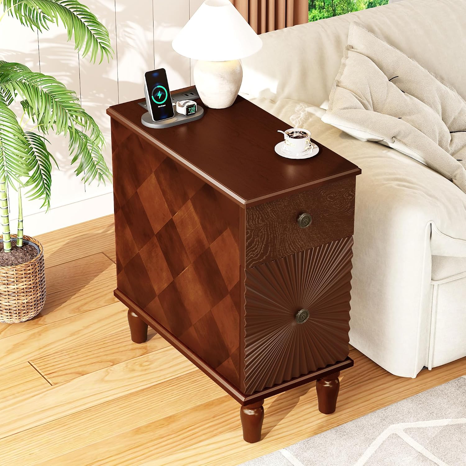 Narrow End Table with Charging Station，Modern Sofa Side Table with 2 Drawers，Narrow Side Tables with Storage Cabinet, Wood Slim Nightstand, End Tables for Living Room, Bedroom