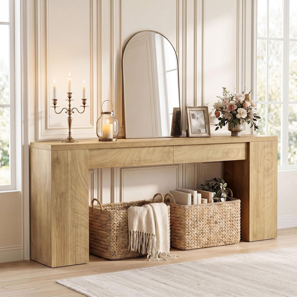 Tribesigns 78.7-Inch Extra Long Console Table for Entryway, Narrow Sofa Table Behind Couch for Living Room, Farmhouse Entrance Entry Table for Foyer with Wooden Double Base, Natural Oak