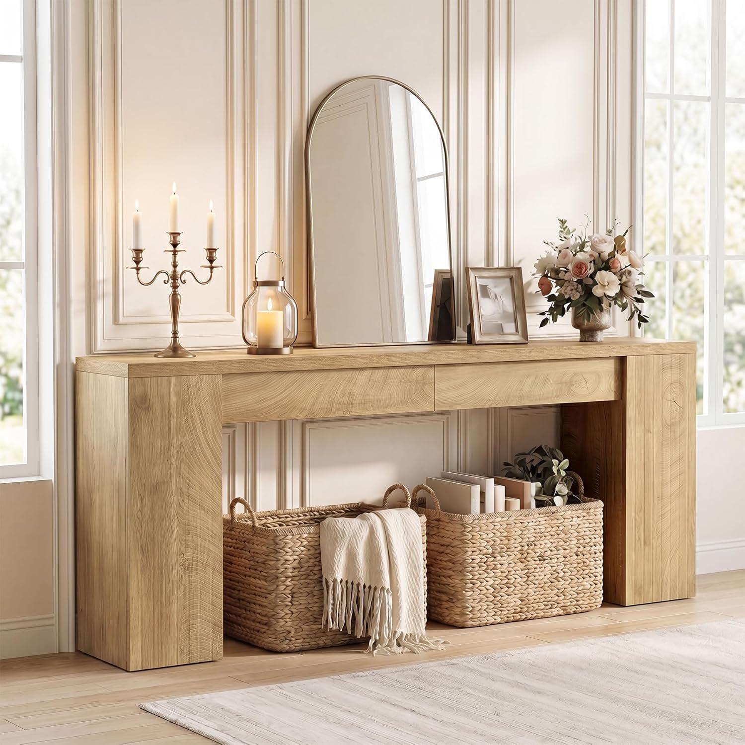 Tribesigns 78.7-Inch Extra Long Console Table for Entryway, Narrow Sofa Table Behind Couch for Living Room, Farmhouse Entrance Entry Table for Foyer with Wooden Double Base, Natural Oak