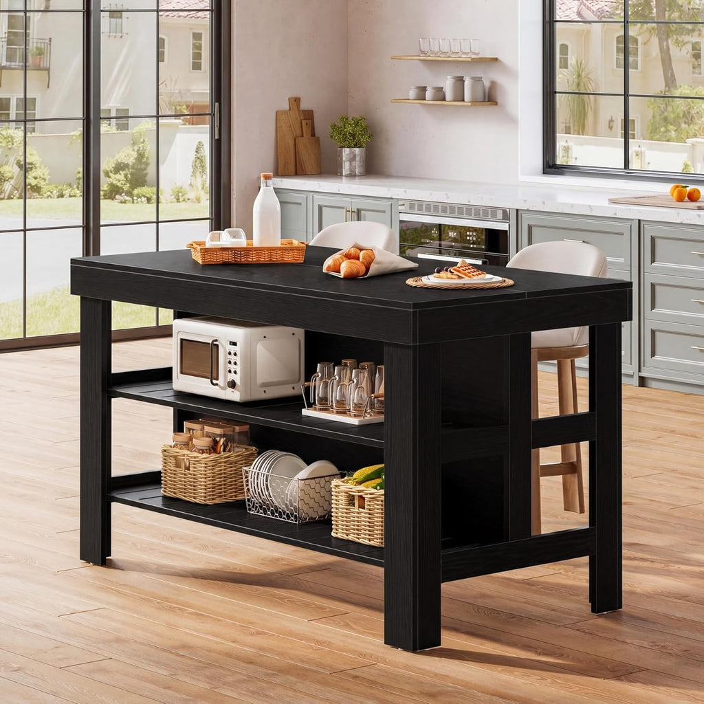 Tribesigns Kitchen Island with Seating and Storage Shelves, 55.1-Inch Breakfast Counter Farmhouse Island Table for Kitchen Dining Room (Black)