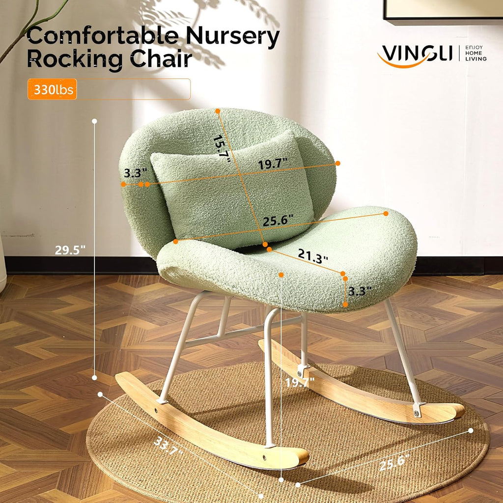 VINGLI 25.6" Extra Wide Criss Cross Nursery Rocking Chair,Cute Curved 115° Reclining Armless Glider,Teddy Small Rocker w/Pillow & Solid Wood for Indoor,Bedroom, Living Room,Teddy Fleece,Seafoam Green