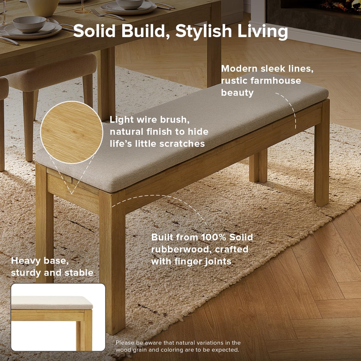 mopio Logan Upholstered Beige Dining Bench, Modern Farmhouse Solid Wood with Light Wire Brush for Dining Room and Kitchen (50" Dining Bench)