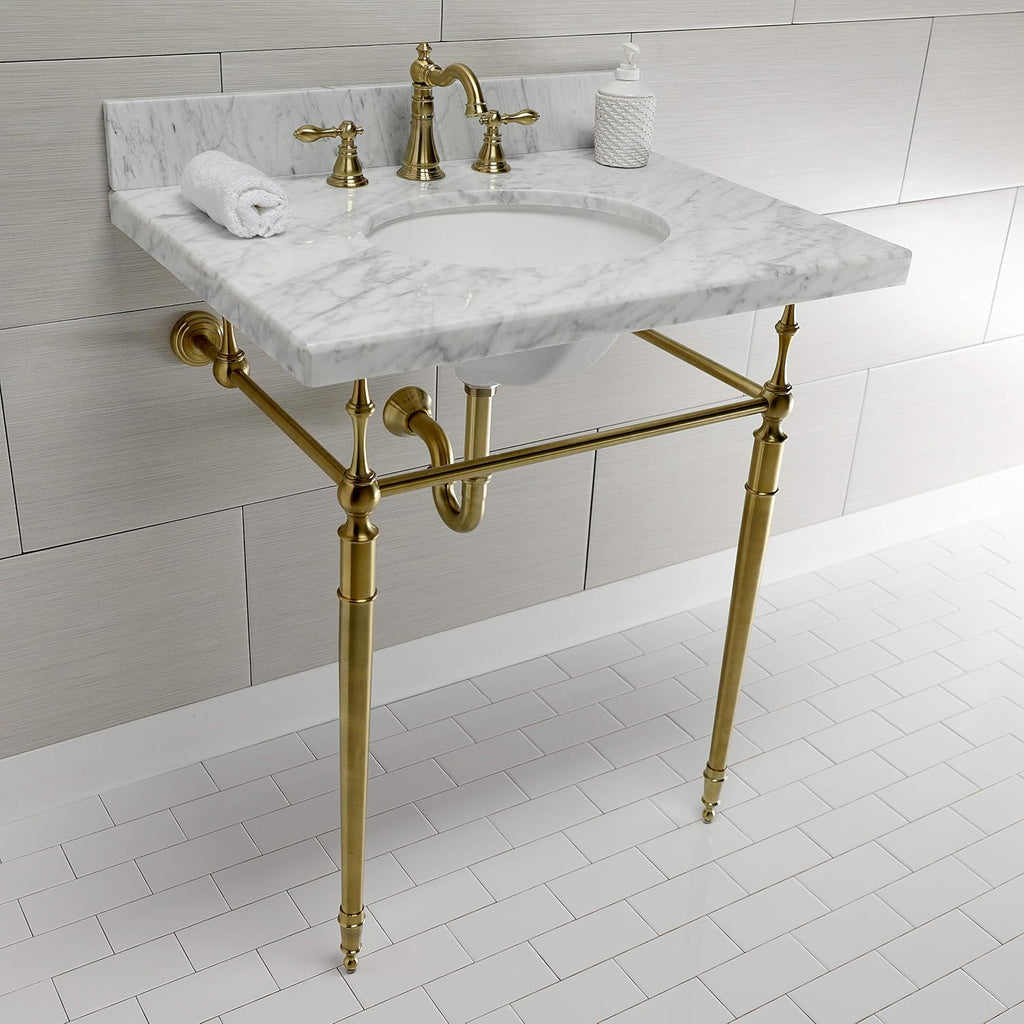 Kingston Brass KVPB3022M87 Edwardian 30" Console Sink with Brass Legs (8-Inch, 3 Hole), Marble White/Brushed Brass